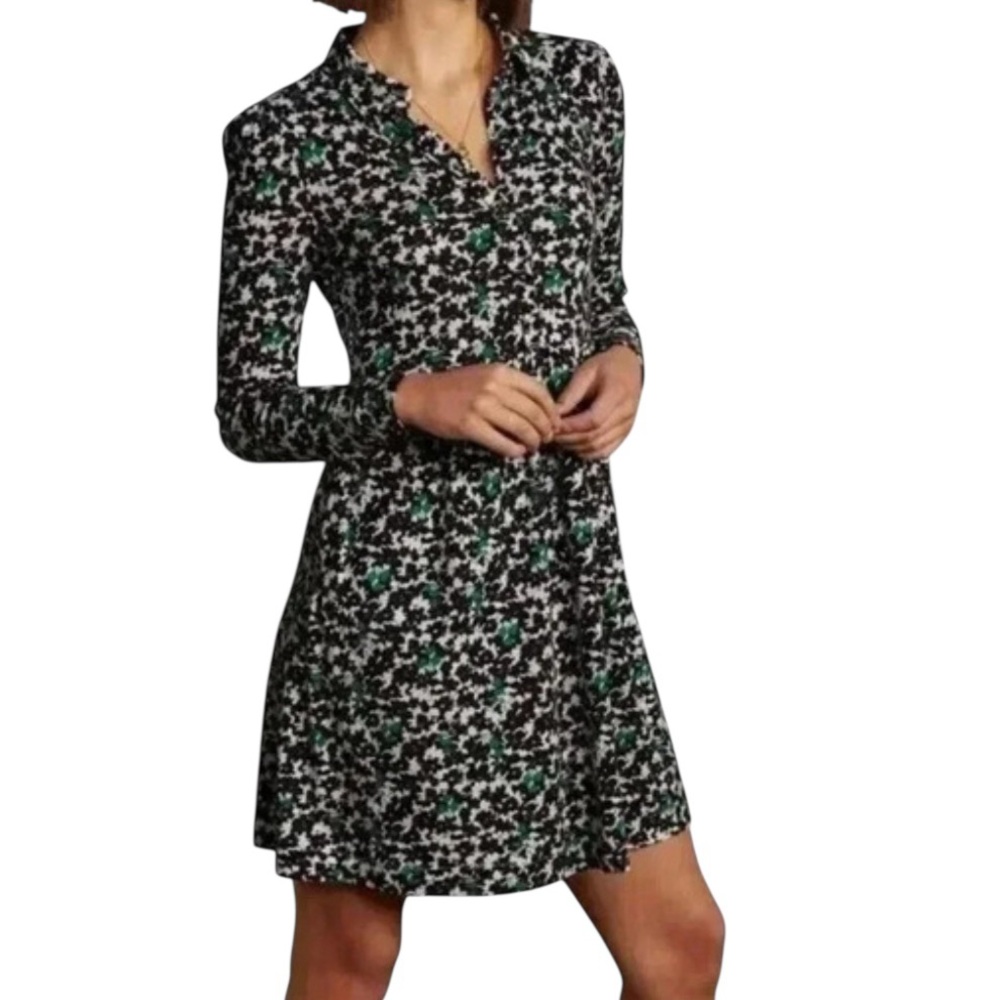 Boden Black White Green Abstract Floral Long Sleeve Collared Dress US 8
